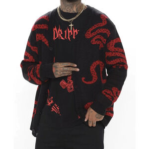 NWT Nova Men Fashion Nova Sean Cardigan Button Sweater Black Red Big & Tall XXL